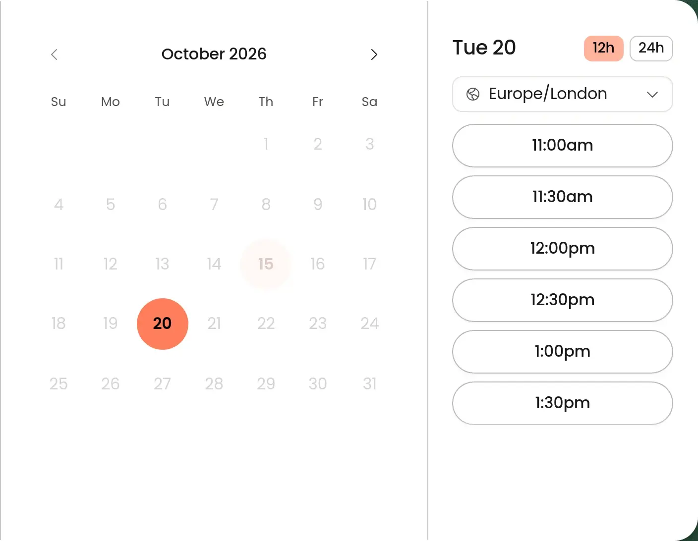 Remedy's booking page: a calendar for October 2026 with Tuesday 20 selected, and the free call times that day in Europe/London time, from 11:00am to 1:30pm.
